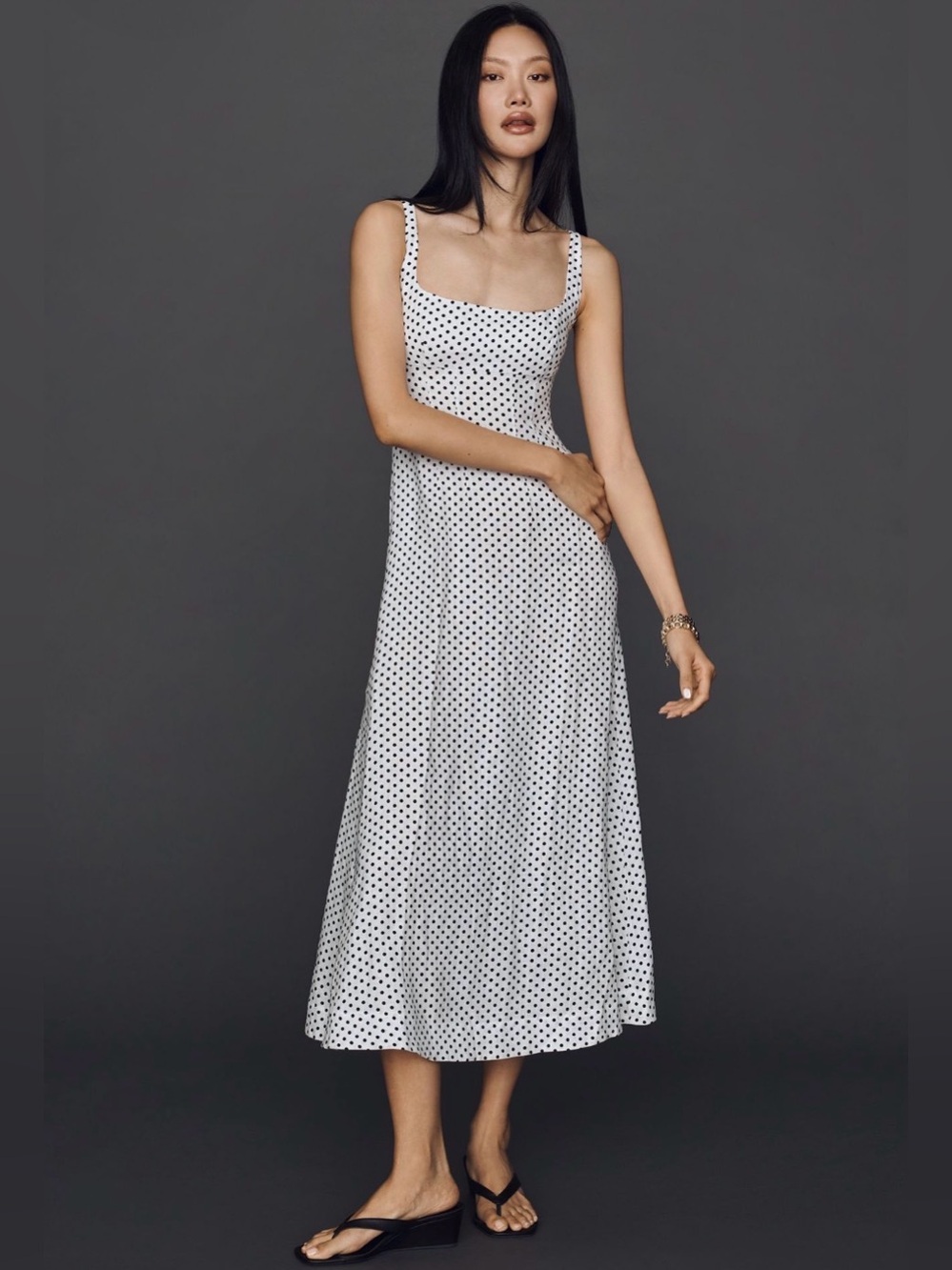 NWT Reformation Sabine 100% Linen Midi Dress in Eclipse Dot Size 12